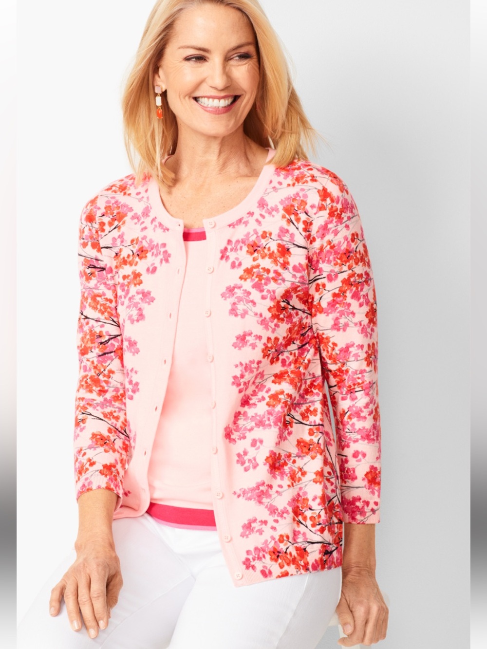 Charming Talbots cotton blend, Floral summer Cardigan blouse art to wear